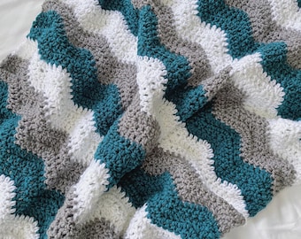 Teal, White & Gray Crochet Baby Blanket: Ripple Chevron Blanket
