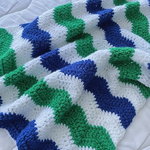 Handmade Crochet Baby Blanket: Blue, Green & White Chevron Ripple