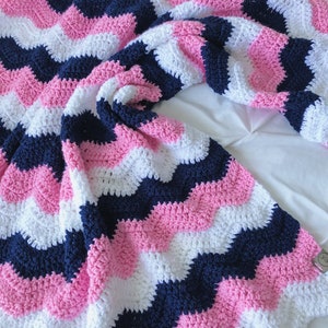 Crochet baby blanket - baby girl blanket - navy blue, pink and white baby blanket -