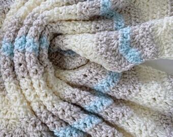 Crochet Baby Blanket: Ivory, Linen & Blue Ripple Afghan
