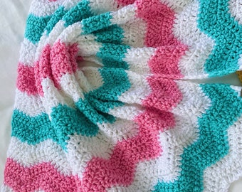 Crochet baby blanket - pink, turquoise and white baby blanket, crochet baby blanket, baby girl blanket, baby afghan