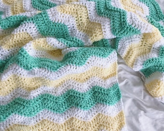 Handmade Crochet Baby Blanket: Green, Yellow, and White Chevron