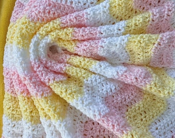 Crochet Baby Blanket: Yellow, Pink & White Ripple Design