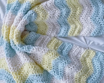 Crochet Baby blanket - blue yellow and white crocheted baby blanket -baby boy blanket - baby bedding - nursery decor -