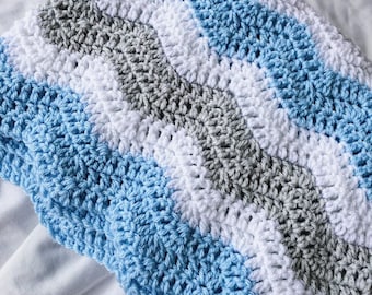 Crochet baby blanket, baby afghan, blue and gray baby blanket, baby boy blanket, baby shower gift, newborn blanket, white gray and blue