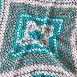 Crochet baby blanket, Turquoise baby blanket turquoise crocheted blanket turquoise gray and white baby afghan granny square blanket image 9