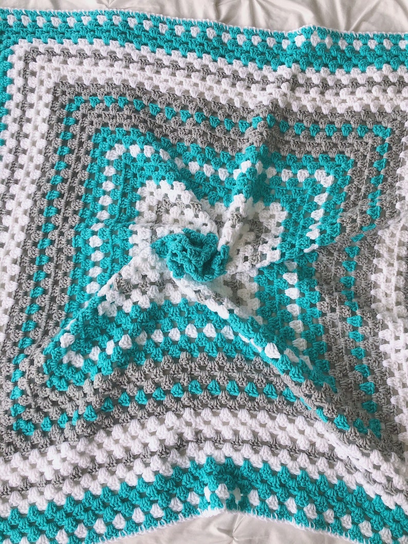 Crochet baby blanket, Turquoise baby blanket turquoise crocheted blanket turquoise gray and white baby afghan granny square blanket image 9