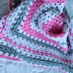 Crochet baby blanket pink, gray and white granny square baby crochet blanket, crochet blanket pink baby blanket image 9