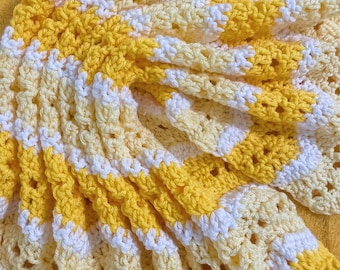 Handmade Crochet Baby Blanket: Yellow & White Chevron Ripple
