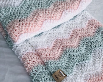 crochet baby blanket - Crochet baby blanket in ice blue, white and soft pink,  baby blanket, crochet baby blanket, ripple blanket