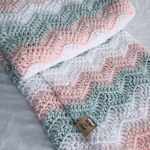 Crochet Baby Blanket: Pink, White & Ice Blue Ripple Design