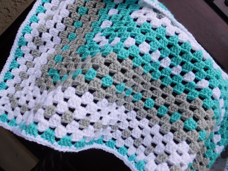 Crochet baby blanket, Turquoise baby blanket turquoise crocheted blanket turquoise gray and white baby afghan granny square blanket image 4