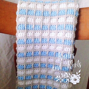 Tunisian Crochet Baby Blanket: Blue, Gray & White Nursery Afghan