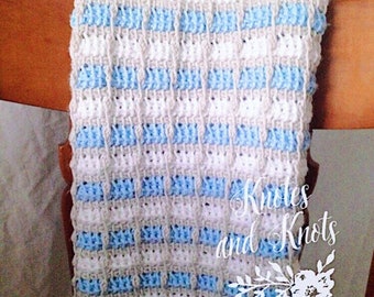crochet baby blanket, blue gray and white blanket, blue baby blanket, tunisian crochet afghan, nursery decor, baby shower gift, baby bedding
