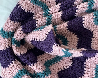Crochet Ripple Baby Blanket: Rose Pink, Teal & Purple Afghan