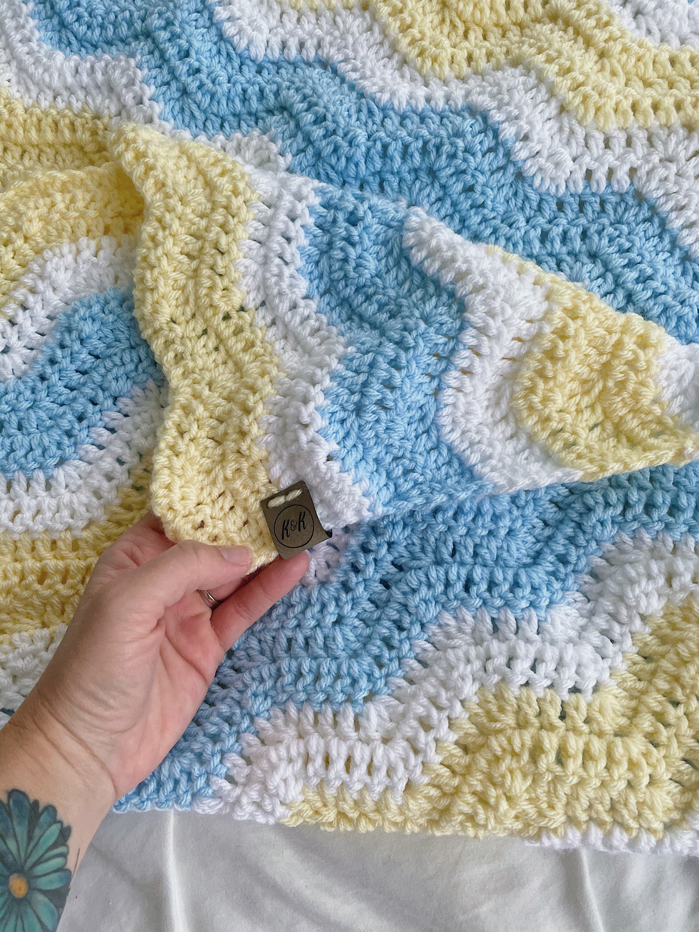 Crochet Baby Blanket Blue Yellow and White Crocheted Baby Etsy