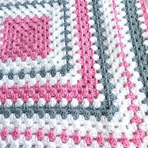 Crochet baby blanket pink, gray and white granny square baby crochet blanket, crochet blanket pink baby blanket image 2