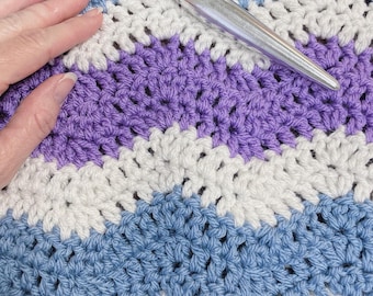 Crochet Ripple Baby Blanket: Blue, White & Purple Nursery Decor