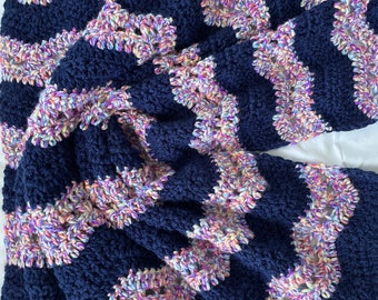 Crochet baby blanket - Colorful navy blue crochet baby blanket, crochet baby blanket, ripple blanket, baby afghan, baby shower gift,