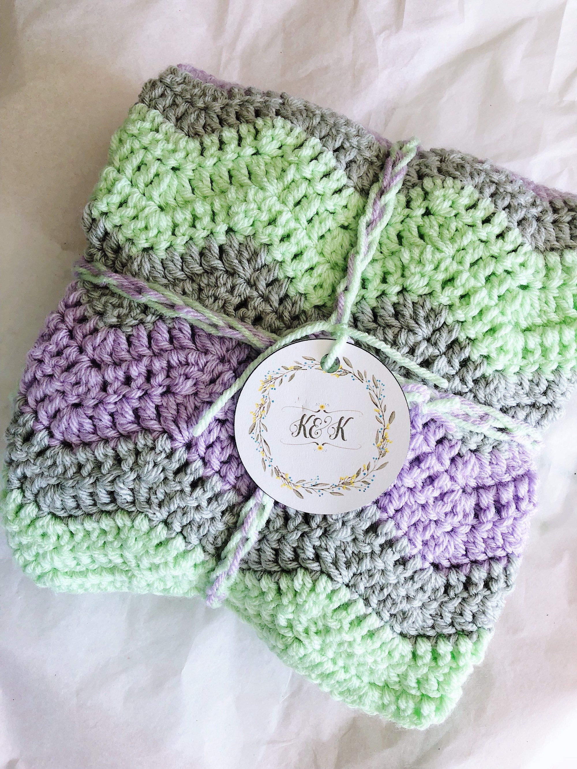 Crochet Baby Blanket. Lavender Light Mint Green and Gray Baby Etsy
