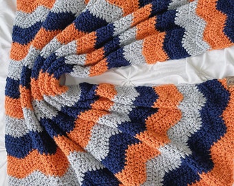 Crochet baby blanket - orange, navy and grey Crochet baby blanket  - gray and navy blue and orange blanket - knit baby afghan - nursery