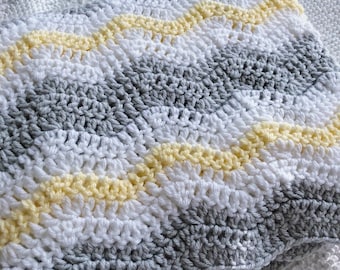 Crochet baby blanket, baby blanket, yellow, white and gray blanket, crochet afghan, nursery decor, baby shower gift, yellow