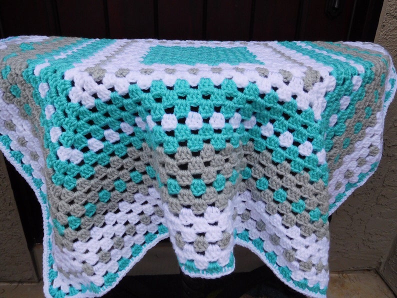 Crochet baby blanket, Turquoise baby blanket turquoise crocheted blanket turquoise gray and white baby afghan granny square blanket image 3