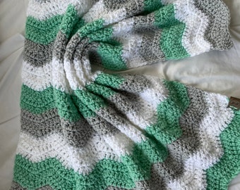 crochet baby blanket - mint and gray Baby blanket - ocean green gray white blanket, chevron stripes,  crib size - baby nursery