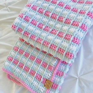 Tunisian Crochet Baby Blanket: Pink, Blue, and White Nursery Afghan