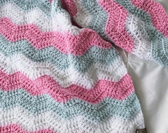 crochet baby blanket - Crochet baby blanket in ice blue, white and pink,  baby blanket, crochet baby blanket, ripple blanket