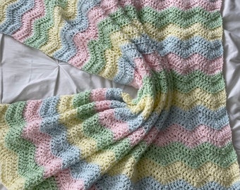 Crochet baby blanket, pastel baby blanket, baby shower gift, pastel baby nursery, pink, blue, green and yellow