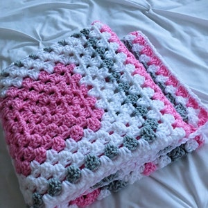Crochet baby blanket pink, gray and white granny square baby crochet blanket, crochet blanket pink baby blanket image 5