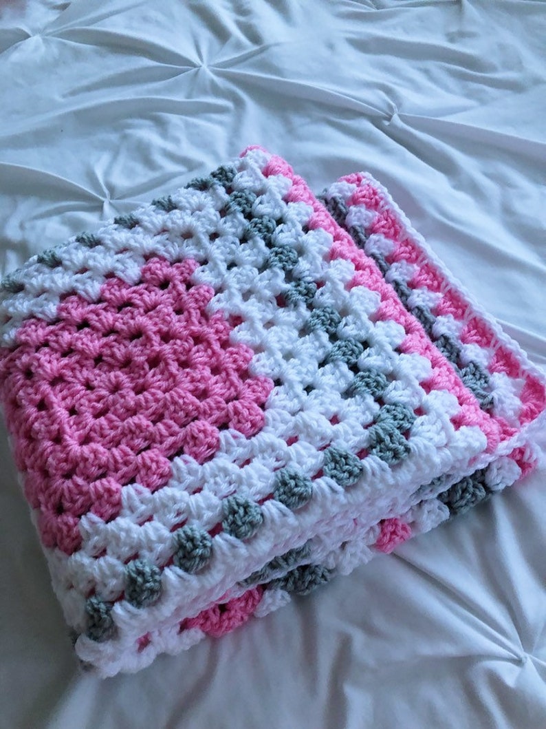 Crochet baby blanket pink, gray and white granny square baby crochet blanket, crochet blanket pink baby blanket image 5