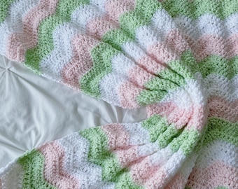 Crochet Baby Blanket: Pink, Green & White Ripple Design