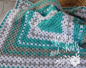 Crochet baby blanket, Turquoise baby blanket - turquoise crocheted blanket - turquoise gray and white baby afghan - granny square blanket -