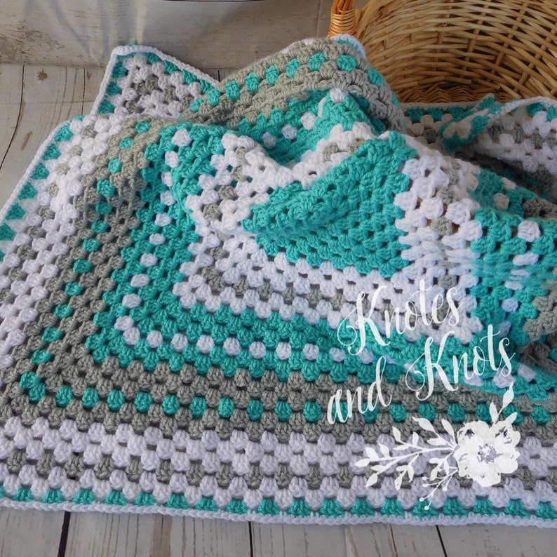 Crochet baby blanket, Turquoise baby blanket turquoise crocheted blanket turquoise gray and white baby afghan granny square blanket image 1