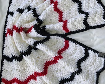 Crochet Baby Blanket: Red & Black Ripple Stripe, Nursery Decor