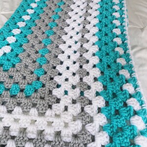 Crochet baby blanket, Turquoise baby blanket turquoise crocheted blanket turquoise gray and white baby afghan granny square blanket image 8