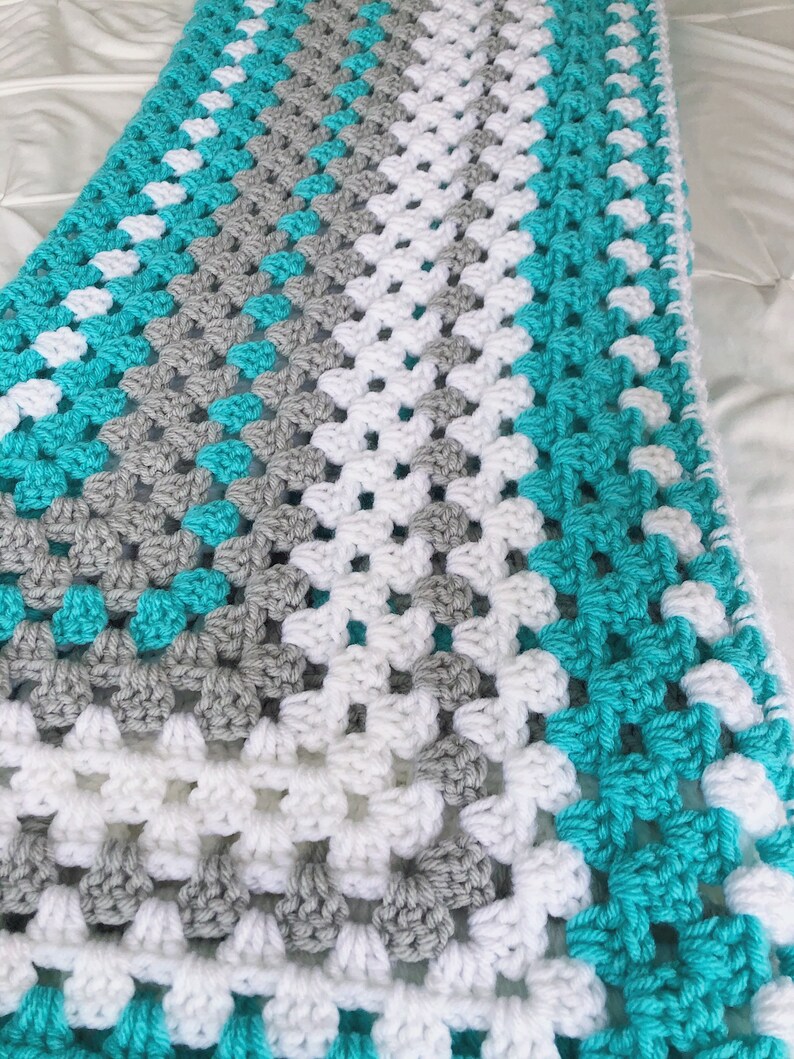 Crochet baby blanket, Turquoise baby blanket turquoise crocheted blanket turquoise gray and white baby afghan granny square blanket image 8