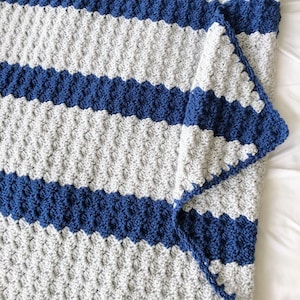 Crochet baby blanket gray and blue striped crocheted blanket blue and grey baby afghan nursery decor c2c image 2