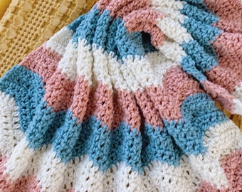 crochet baby blanket - blue peach pink and ivory baby crocheted blanket - baby girl baby bedding - nursery decor - crib blanket