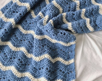 Crochet Baby Blanket: Stonewash Blue Ripple, Ivory Stripes
