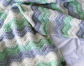 Crochet baby blanket, mint gray and cream blanket, baby shower gift, gender neutral baby nursery, crib size chevron stripes