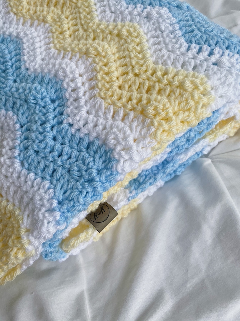 Crochet Baby Blanket Blue Yellow and White Crocheted Baby Etsy