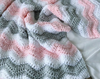 Crochet Baby Blanket, Pink Gray White, Baby Shower Gift