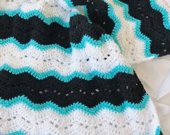 Crochet baby blanket - Black, white and turquoise crochet baby blanket, crochet baby blanket, ripple blanket, baby afghan, baby shower gift