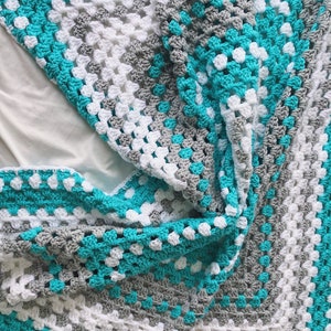 Crochet baby blanket, Turquoise baby blanket turquoise crocheted blanket turquoise gray and white baby afghan granny square blanket image 6