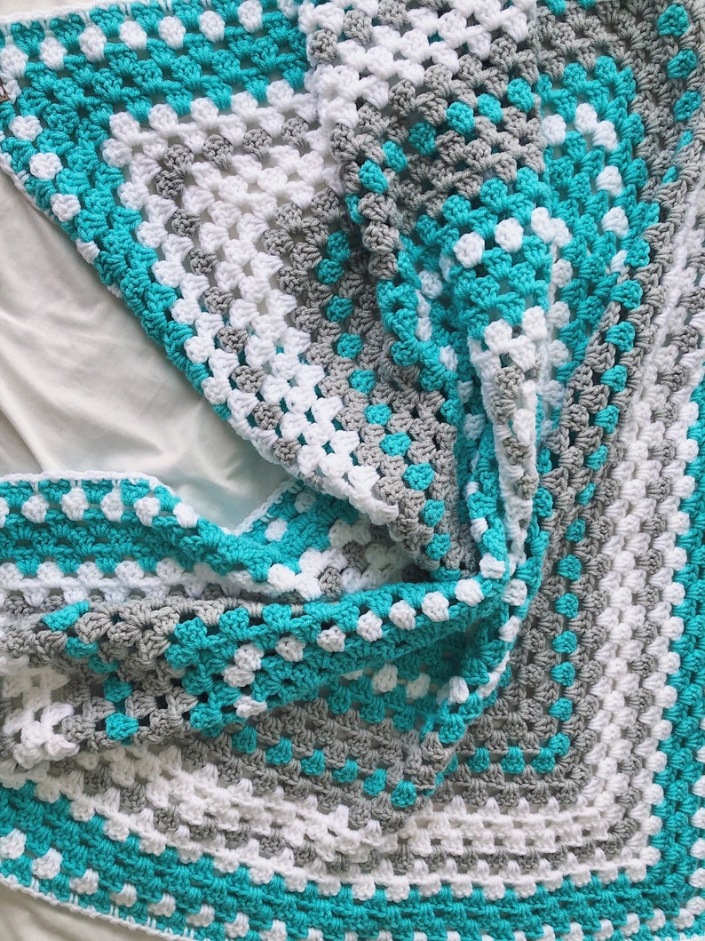 Crochet baby blanket, Turquoise baby blanket turquoise crocheted blanket turquoise gray and white baby afghan granny square blanket image 6