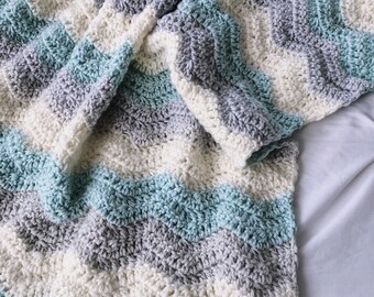 Crochet Baby Blanket: Ice Blue, Gray, Cream Chevron Crib Blanket