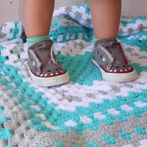 Crochet baby blanket, Turquoise baby blanket turquoise crocheted blanket turquoise gray and white baby afghan granny square blanket image 2